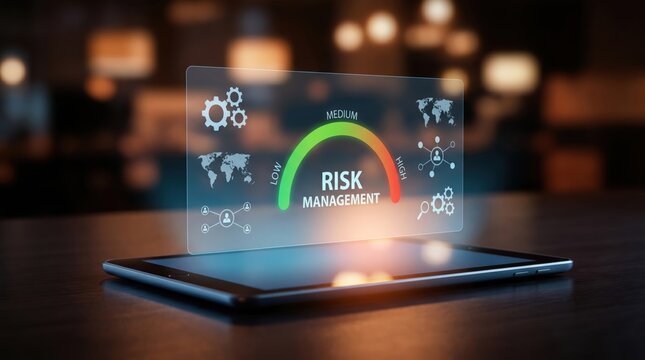AI Risk Management, Corporate Cybersecurity, and Predictive Data Analytics Concept: Floating 2D Flat Monitoring UI Diagram with Low Medium High Security Risk Assessment Meter above Tech Tablet