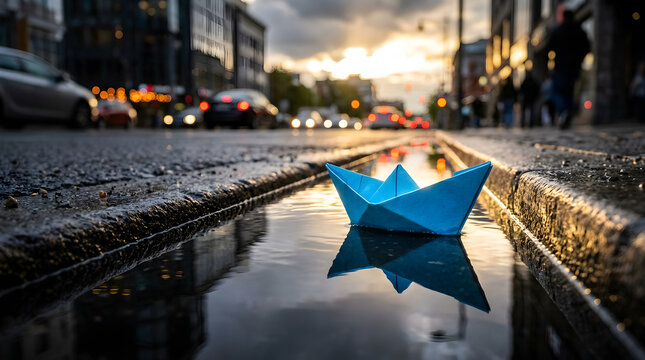 A blue paper boat floats on a city street puddle at sunset.