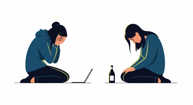 A woman uses laptop and drinks wine alone