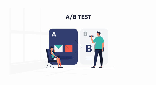 A/B testing infographic with person analyzing data