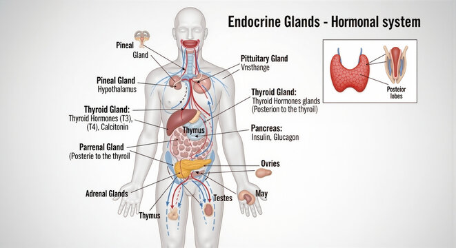 Human endocrine glands and hormonal system anatomy and physiology medical education health and wellness concept human body organs biological functions thyroid adrenal pancreas pituitary glands locatio