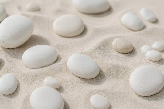 Smooth white pebbles on a pale sand texture