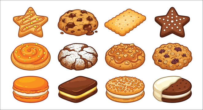 Assorted cookies and baked goods colorful vector illustration with detailed textures biscuits pastries chocolate chip
