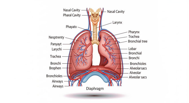 Anatomy of human lungs with labeled parts detailed internal respiratory system structure human respiratory tract with trachea bronchial tree and diaphragm labeled