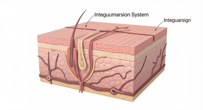 Anatomy of human skin with integumentary system layers of skin and subcutaneous tissue 3D cross-section model