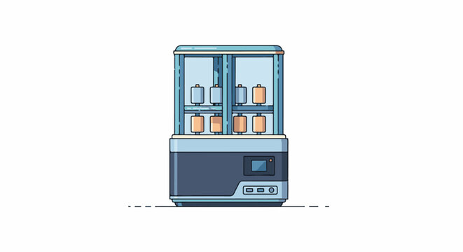 A vending machine with glass doors and suitcases inside