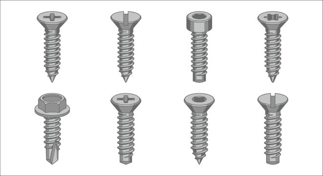 Assorted screws with various head types isometric vector illustration on a white background screw fastener