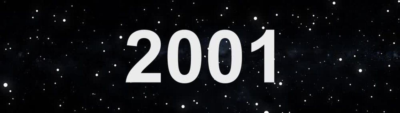 2001 future year concept in deep space with glowing stars and cosmic background.