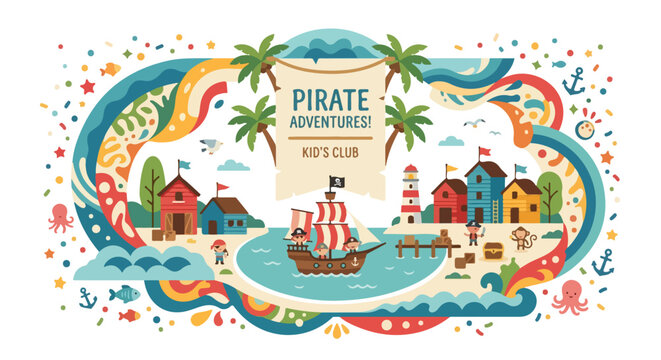 A vibrant vector illustration for a pirate-themed kid's club, featuring a ship, island shacks, treasure, and cute characters in a playful style.