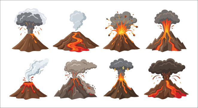 Volcanoes erupting in various stages a colorful vector illustration on a white background volcano volcanic