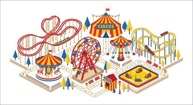 Amusement park illustration featuring a ferris wheel roller coaster carousel and circus tent fairground carnival