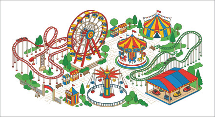 Amusement park illustration featuring a ferris wheel carousel and roller coaster rides vector style carnival © vectors home