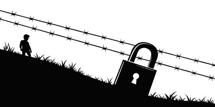 Silhouette of a person facing barbed wire and a large padlock representing a barrier black and white no entry danger zone silhouette obstacle restriction boundary confinement imprisonment
