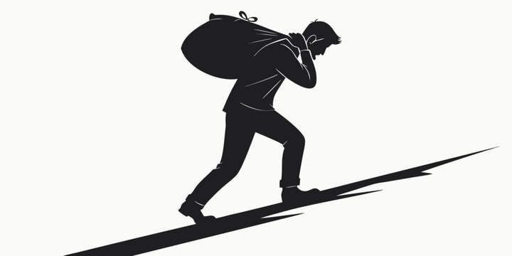 Silhouette of a man carrying a large sack up a steep incline with white background silhouette carrying struggle climbing difficult challenge criminal stealing movement isolated illustration