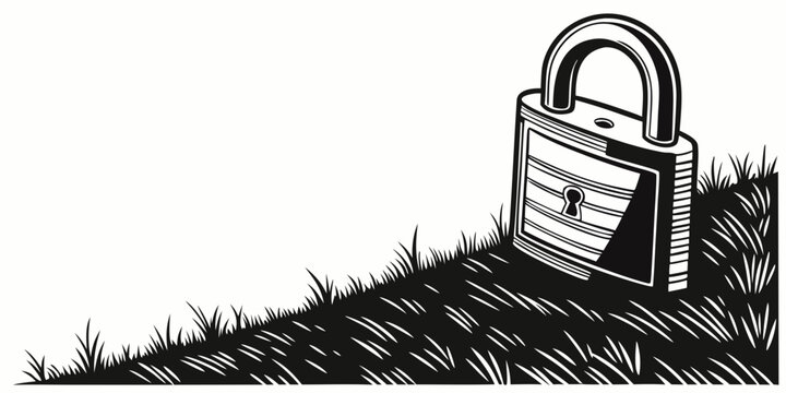 Black and white drawing of a padlock sitting in grass with white background hand drawn security protection illustration mechanism hardware isolated symbolic contrast creative environment