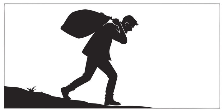 Silhouette of a man in a suit carrying a large sack uphill vector illustration walking uphill carrying a bag person walking figure walking shadow figure business man silhouette carrying