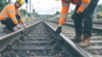 Fototapeta premium Railway maintenance crew inspecting and repairing train tracks with specialized tools