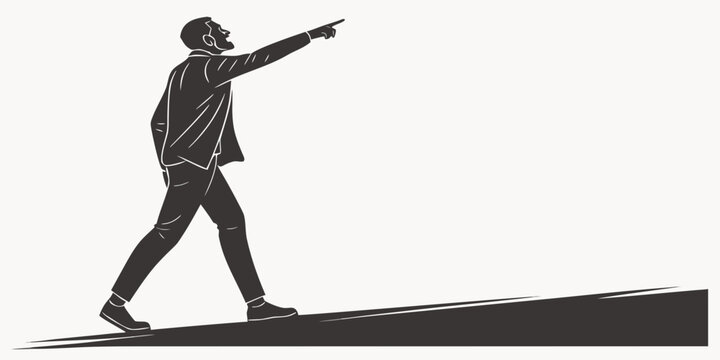 Silhouette of a man in a suit walking and pointing ahead with a shadow graphic white background forward thinking silhouette pointing business leadership progress direction movement strategy