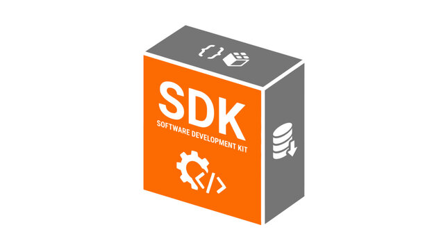 SDK Software Development Kit Box with Icons for Coding, Database, and Gear