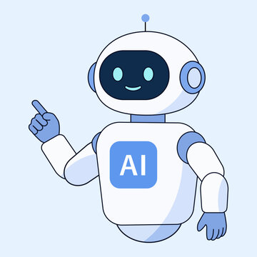 AIロボット。指差しと笑顔のキャラクターイラスト。AIアシスタント。AI robot. Pointing and smiling character illustration. AI assistant solution.
