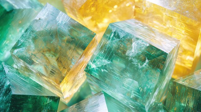 Quantum superposition states crystalline geometric structures emerald green golden yellow transparent translucent cubic forms overlapping light effects