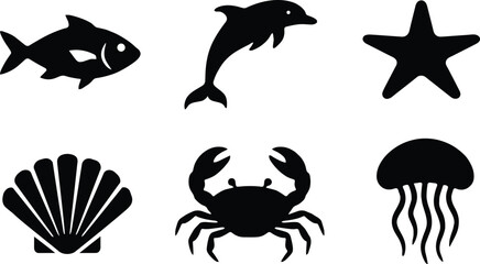 Marine Life Icons Set Featuring Fish, Dolphin, Starfish, Seashell, Crab, and Jellyfish Symbols for Ocean, Aquarium, and Coastal Designs © MdMohimot