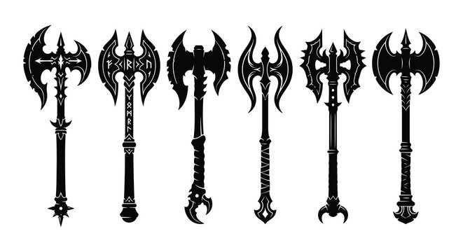Collection Of Black Battle Axes Vector Illustration On White Background