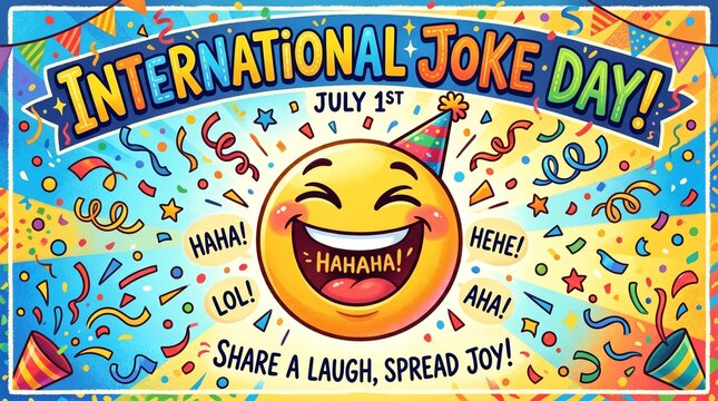 International Joke Day celebration with laughing emoji and colorful confetti decorations everywhere online
