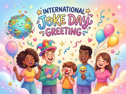 International Joke Day greeting card with diverse people and colorful balloons and confetti