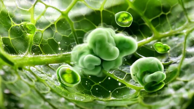 Green algae on aquatic plants closeup.