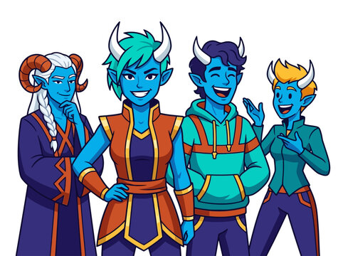 Group of diverse blue-skinned fantasy characters with horns in vibrant cartoon style