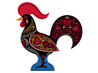 Traditional Portuguese Rooster of Barcelos with ornate folk art heart patterns. © Tezar