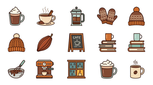 Cozy cafe scene with drinks, books, and winter vibes