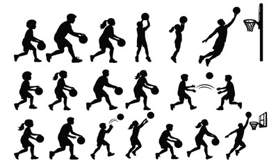 Basketball Players Silhouette Vector Set, Action Poses of Men, Women, and Kids Dribbling, Shooting, and Slam Dunking © farheen