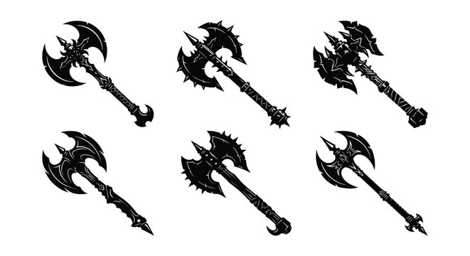 Collection Of Black Battle Axes Vector Illustration On White Background