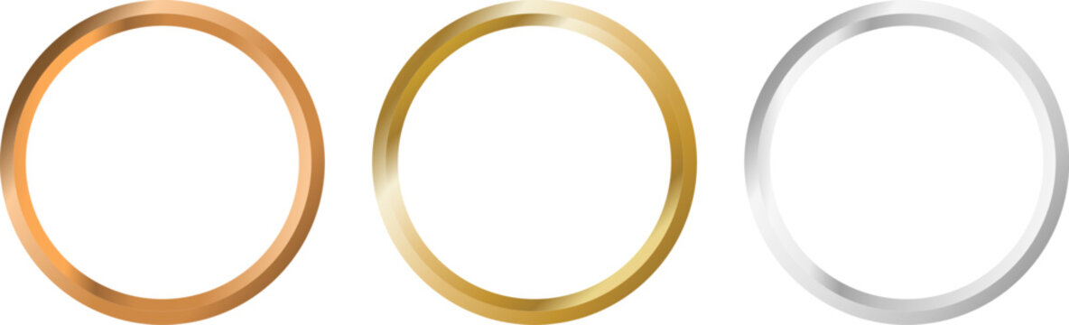 3D gold silver and bronze circle frame set with beveled luxury metallic round ring borders for premium logo badge and wedding invitation