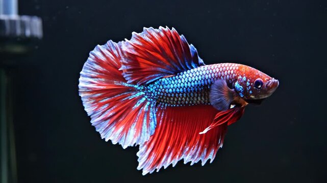 Vibrant red and blue Siamese fighting fish (Betta splendens) with long flowing fins swimming in a dark freshwater aquarium, close-up view showing detailed scales and metallic colors.