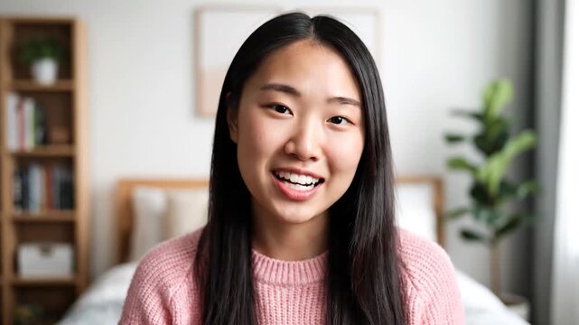 Young Asian woman talking to camera in a bright bedroom