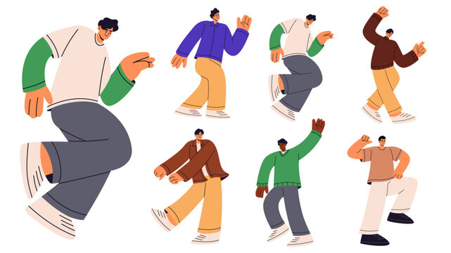 Happy male cartoon characters jumping, walking, dancing, gesturing, and moving actively. for lifestyle banner, youth culture poster, fashion advertisement, and modern graphic design.