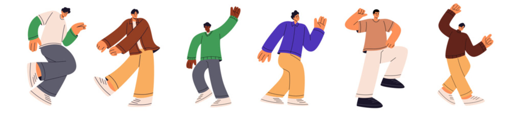Flat vector illustration character set of young men in dynamic poses. elements for lifestyle banner, youth culture poster, fashion advertisement, and modern graphic design.
