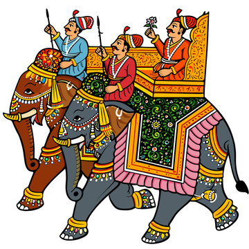 Decorated Elephant with Royal Riders Traditional Indian Folk Art Vector