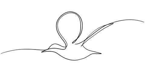 Minimalist continuous single line drawing of a flying bird silhouette shape representing freedom and peace with a simple black stroke on a plain design Vector, illustration © RK Drawing Gallery