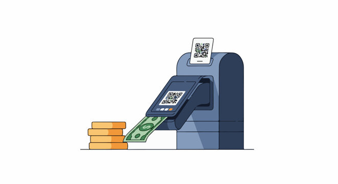 Cartoon illustration of a blue vending machine dispensing money
