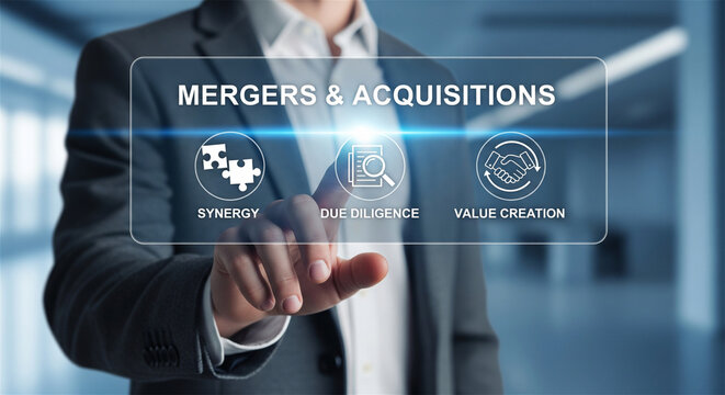 Mergers and Acquisitions concept, businessman touching digital interface with synergy and due diligence icons, corporate value creation strategy