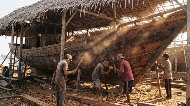 Traditional Indonesian shipbuilders construct a wooden boat by hand using manual tools in a rustic shipyard under a thatched roof.