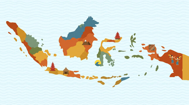 Stylized vector map of Indonesia featuring cultural landmarks, traditional temples, houses, dancers, and mountains over a wavy ocean background.