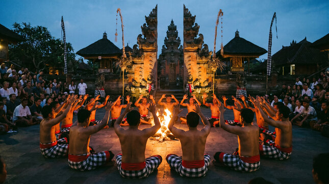 Balinese men performing the traditional Kecak fire dance around a bonfire at sunset in a temple in Bali, Indonesia