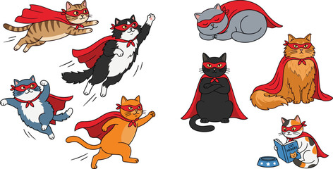 Cute cartoon superhero cats set with funny kittens wearing red capes and masks vector © Kuddus