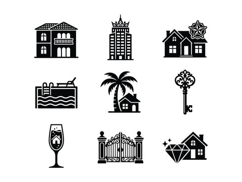 Set of black and white real estate icons featuring luxury houses buildings palm trees a key a gate and a diamond representing property investment and home ownership concepts
