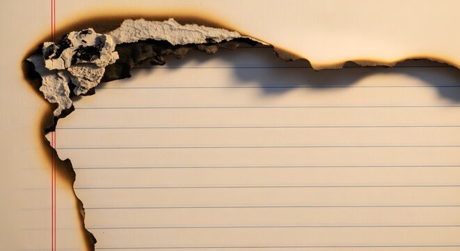 Close up of burning lined paper sheet showing black ash and fire damaged edges with copy space for text in historical or mystery storytelling context.
